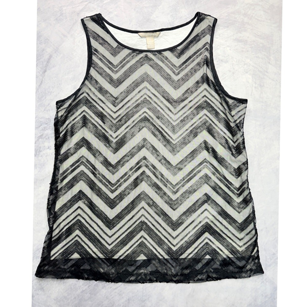 Banana Republic Black Chevron Sequin Mesh Tank Top Womens Sz 14 y2k 2010s indie